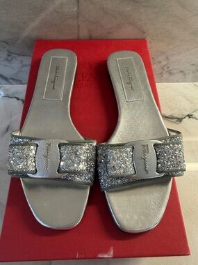 Salvatore Ferragamo Metallic Silver Glitter Vara Bow Slide Mules